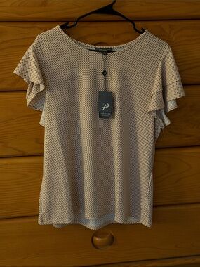 Adrianna Papell Cream Blouse with Black Micro Dot Flutter Sleeves
